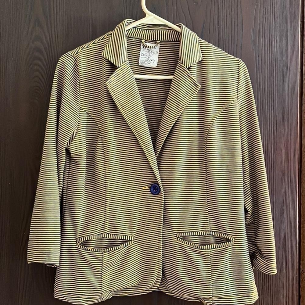 Tulle gold and blue striped, 3/4 sleeved cotton blend jacket. Size Medium